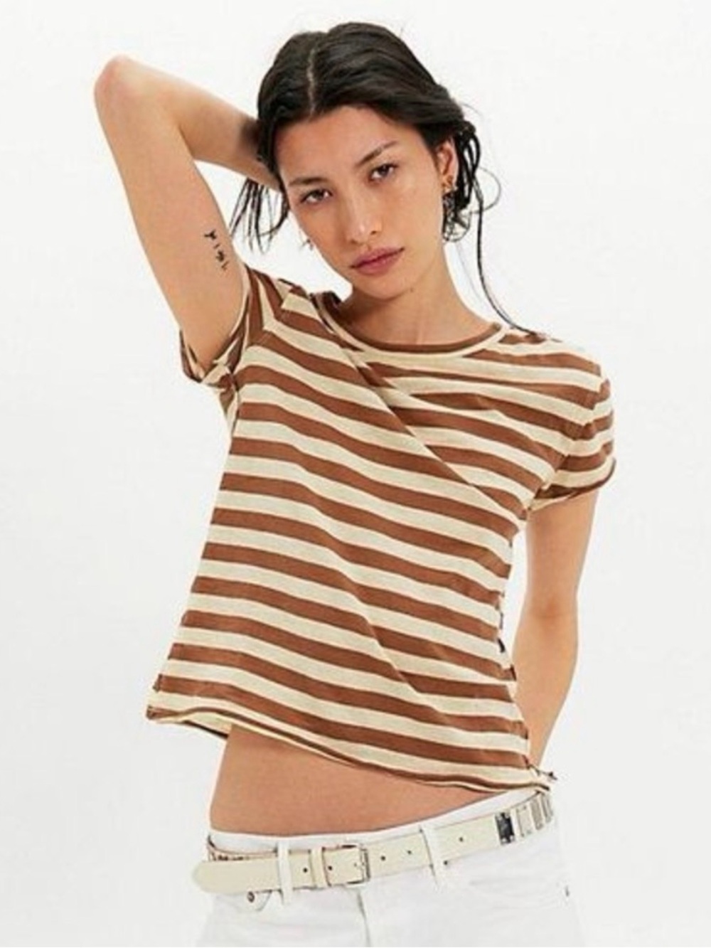 Free People We The Free Nora Striped Linen Tee. NWT. Mocha